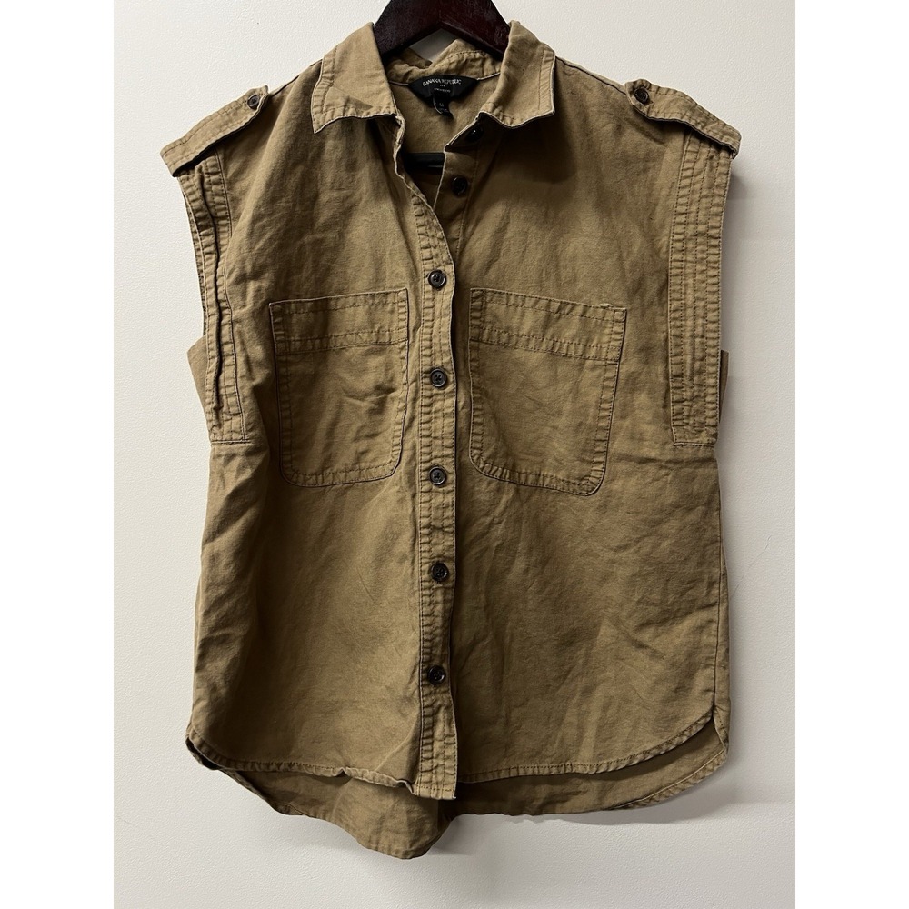Banana Republic Brown Military Style Women's Sleeveless Vest Shirt Medium Linen